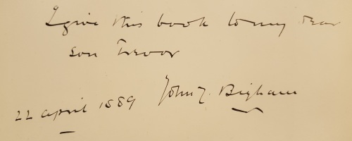 Inscription from John Charles Bigham (1840-1929) to his son Trevor (1876-1954).