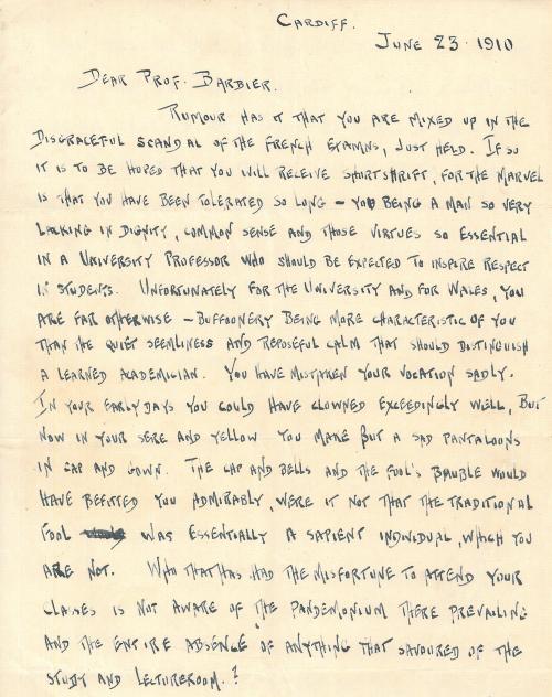 Anonymous 'poison pen' letter to Barbier, 1910