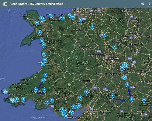 Map of John Taylor's 1652 journey around Wales