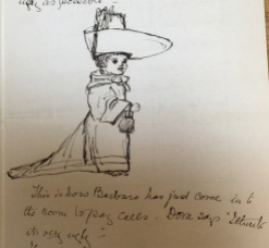 Sketch of Barbara dressed up to pay calls in a letter from Edith Mary (Dorrie) Collingwood, 20 July 1889.