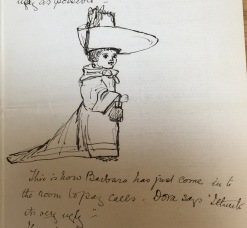 Sketch of Barbara dressed up to pay calls in a letter from Edith Mary (Dorrie) Collingwood, 20 July 1889.