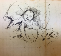 Sketch of Barbara in a letter from Edith Mary (Dorrie) Collingwood to Ruth Collingwood (her sister-in-law), 1890. She reused this paper which she had sketched on years earlier.