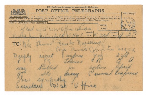 Telegram to Helen, notifying her of Edward's death in combat.